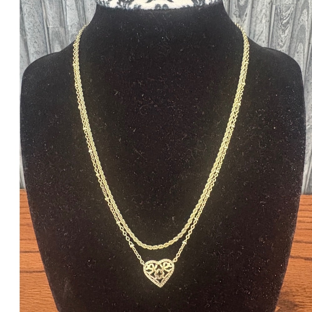 Kendra Scott Gold Tone Filigree Heart Layered Necklace and Drop Earring Set - Picture 2 of 8